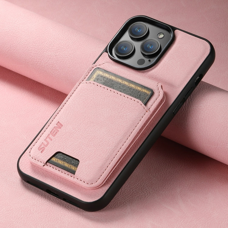 For iPhone 14 Suteni H02 Litchi Leather Card Wallet Stand Back Phone Case(Pink) - iPhone 14 Cases by Suteni | Online Shopping UK | buy2fix