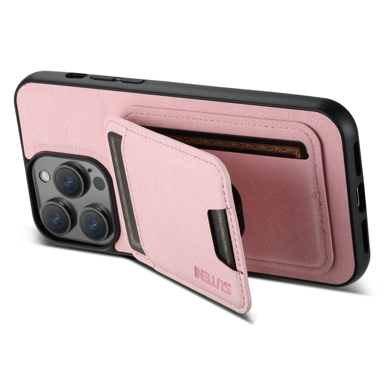 For iPhone 14 Suteni H02 Litchi Leather Card Wallet Stand Back Phone Case(Pink) - iPhone 14 Cases by Suteni | Online Shopping UK | buy2fix