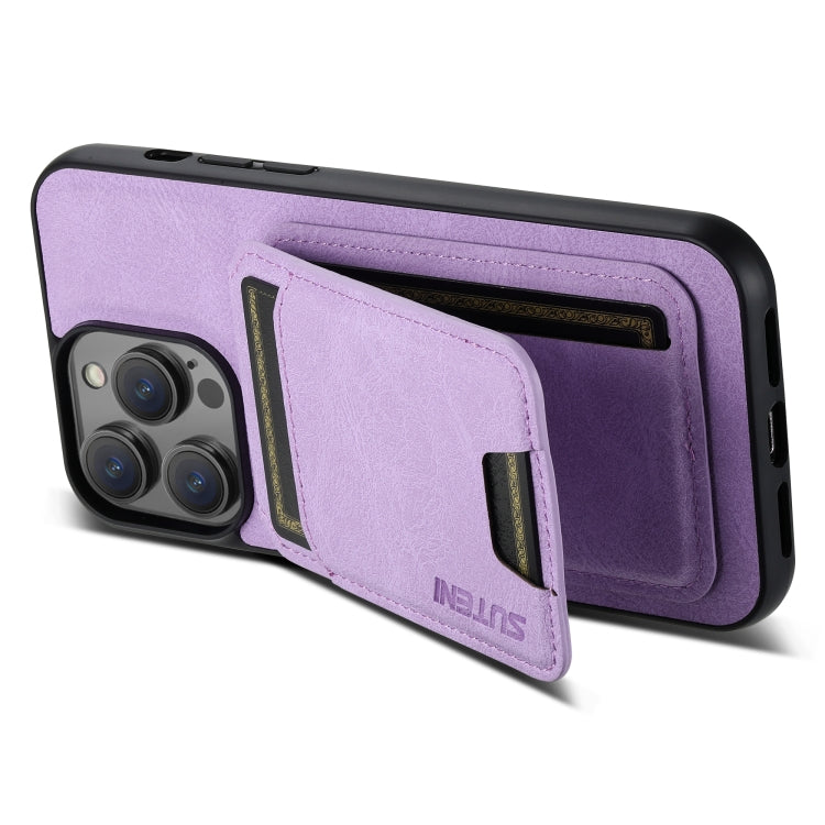 For iPhone 14 Suteni H02 Litchi Leather Card Wallet Stand Back Phone Case(Purple) - iPhone 14 Cases by Suteni | Online Shopping UK | buy2fix