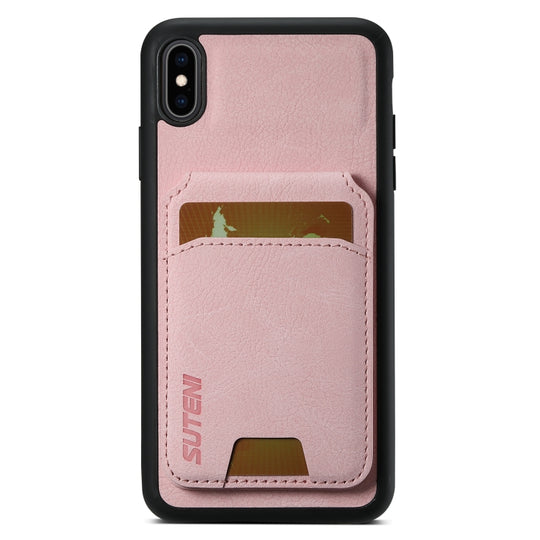 For iPhone XR Suteni H02 Litchi Leather Card Wallet Stand Back Phone Case(Pink)