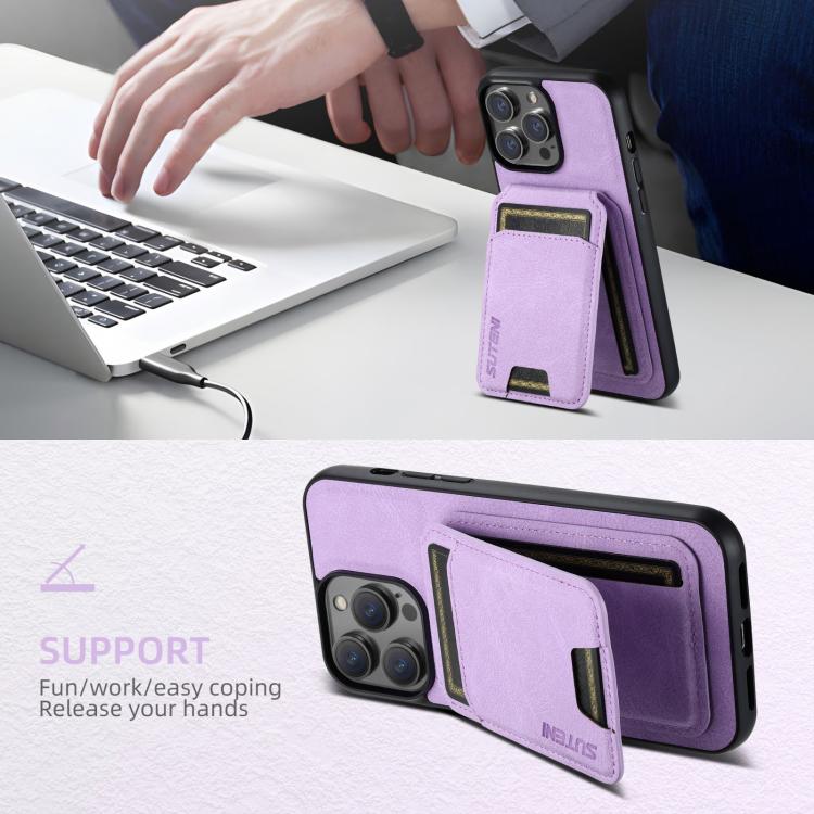 For iPhone 16e Suteni H02 Litchi Leather Card Wallet Stand Back Phone Case(Purple) - iPhone 16e Cases by Suteni | Online Shopping UK | buy2fix