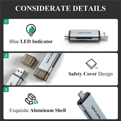 WAVLINK WL-CR3002 Multi-Function Mini Aluminum Alloy Shell Type-C+USB3.0 SD/TF Card Reader by buy2fix
