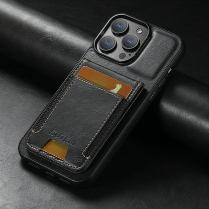 For iPhone 15 Pro Suteni H03 Oil Wax Leather Wallet Stand Back Phone Case(Black) - iPhone 15 Pro Cases by Suteni | Online Shopping UK | buy2fix