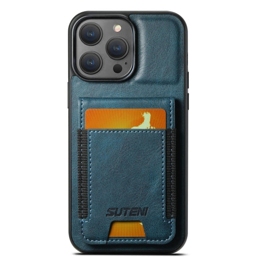 For iPhone 15 Pro Suteni H03 Oil Wax Leather Wallet Stand Back Phone Case(Blue)