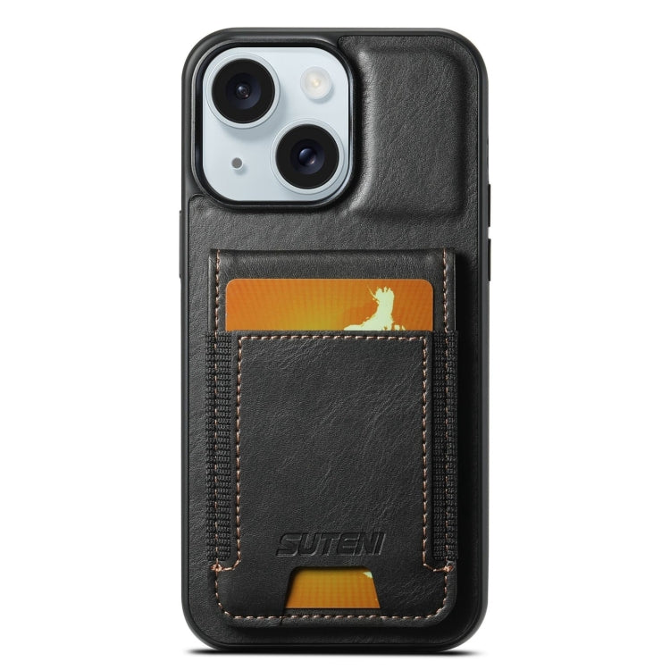 For iPhone 15 Suteni H03 Oil Wax Leather Wallet Stand Back Phone Case(Black) - iPhone 15 Cases by Suteni | Online Shopping UK | buy2fix