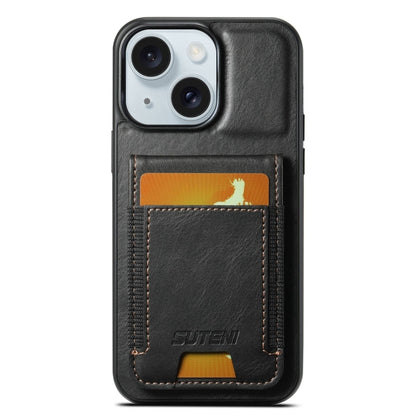 For iPhone 15 Suteni H03 Oil Wax Leather Wallet Stand Back Phone Case(Black) - iPhone 15 Cases by Suteni | Online Shopping UK | buy2fix