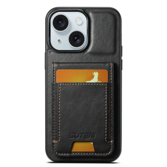 For iPhone 15 Suteni H03 Oil Wax Leather Wallet Stand Back Phone Case(Black) - iPhone 15 Cases by Suteni | Online Shopping UK | buy2fix
