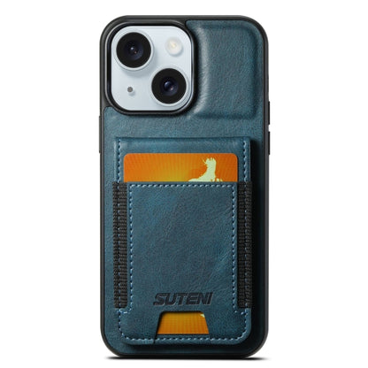 For iPhone 15 Suteni H03 Oil Wax Leather Wallet Stand Back Phone Case(Blue) - iPhone 15 Cases by Suteni | Online Shopping UK | buy2fix