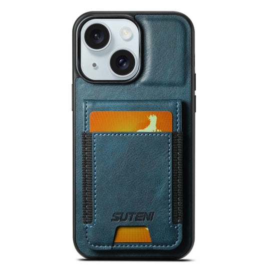 For iPhone 15 Suteni H03 Oil Wax Leather Wallet Stand Back Phone Case(Blue) - iPhone 15 Cases by Suteni | Online Shopping UK | buy2fix