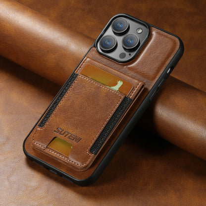 For iPhone 14 Suteni H03 Oil Wax Leather Wallet Stand Back Phone Case(Brown) - iPhone 14 Cases by Suteni | Online Shopping UK | buy2fix