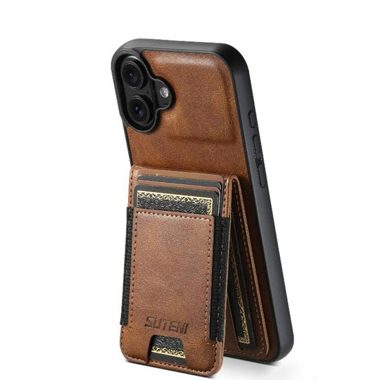 For iPhone 17 Suteni H03 Oil Wax Leather Wallet Stand Back Phone Case(Brown)
