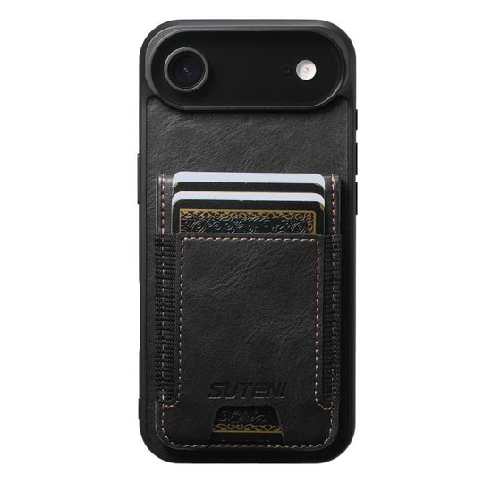 For iPhone Air Suteni H03 Oil Wax Leather Wallet Stand Back Phone Case(Black)