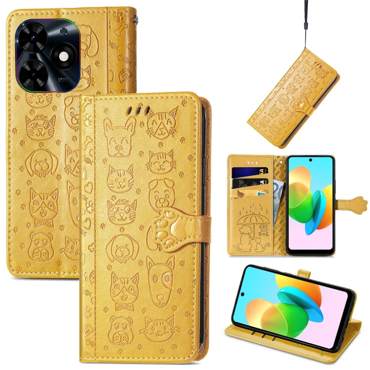 For Tecno Spark 20C / GO 2024 Cat and Dog Embossed Leather Phone Case(Yellow) by buy2fix