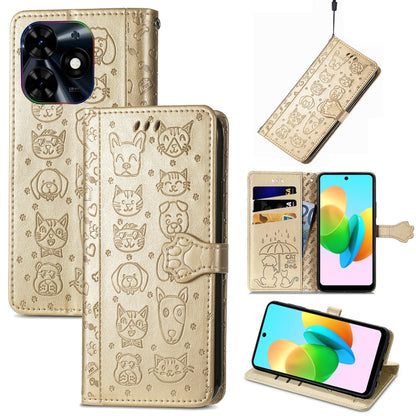 For Tecno Spark 20C / GO 2024 Cat and Dog Embossed Leather Phone Case(Gold) by buy2fix