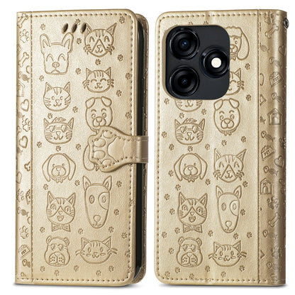 For Tecno Spark 20C / GO 2024 Cat and Dog Embossed Leather Phone Case(Gold) by buy2fix