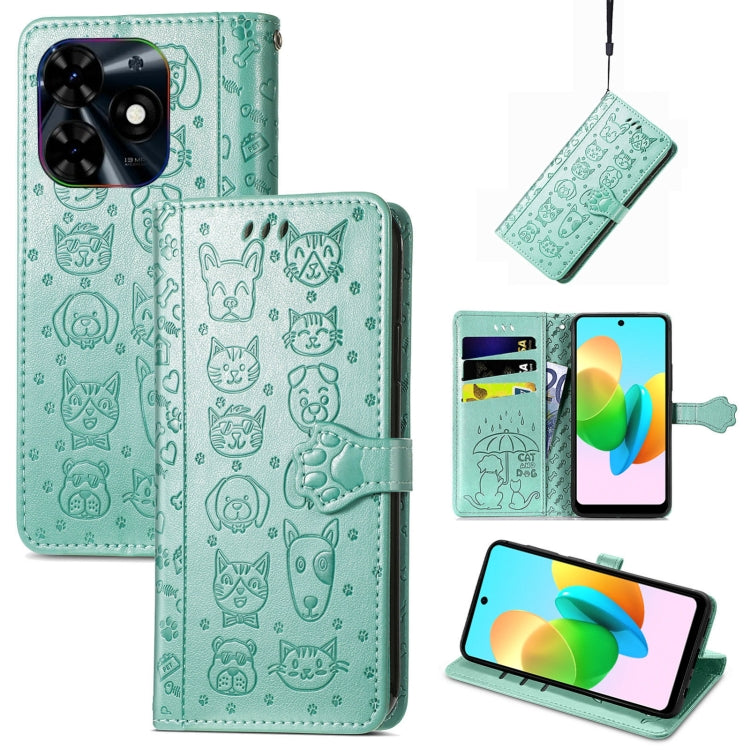 For Tecno Spark 20C / GO 2024 Cat and Dog Embossed Leather Phone Case(Green) by buy2fix