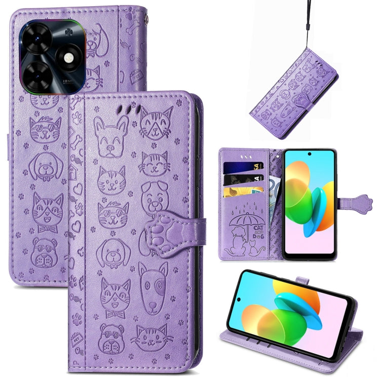 For Tecno Spark 20C / GO 2024 Cat and Dog Embossed Leather Phone Case(Purple) by buy2fix