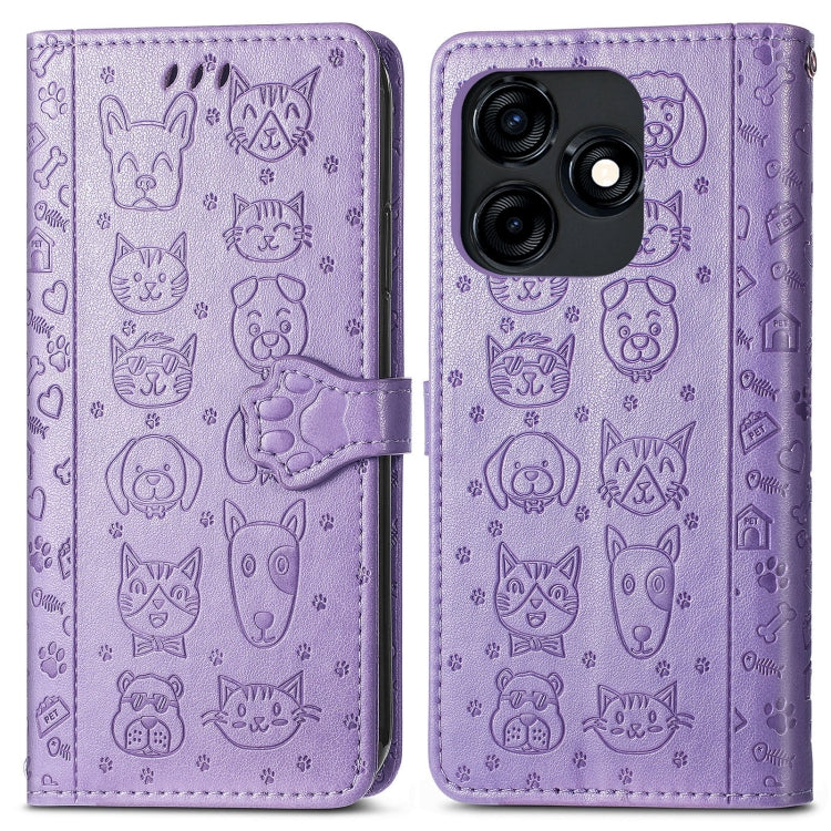 For Tecno Spark 20C / GO 2024 Cat and Dog Embossed Leather Phone Case(Purple) by buy2fix