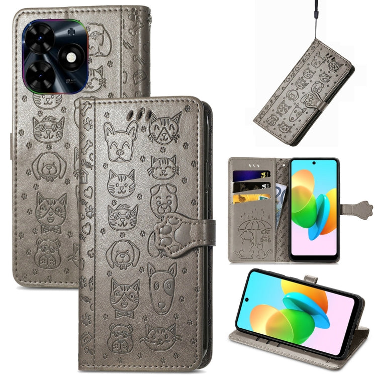 For Tecno Spark 20C / GO 2024 Cat and Dog Embossed Leather Phone Case(Gray) by buy2fix