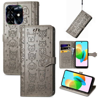 For Tecno Spark 20C / GO 2024 Cat and Dog Embossed Leather Phone Case(Gray) by buy2fix