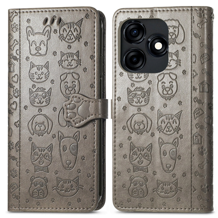 For Tecno Spark 20C / GO 2024 Cat and Dog Embossed Leather Phone Case(Gray) by buy2fix