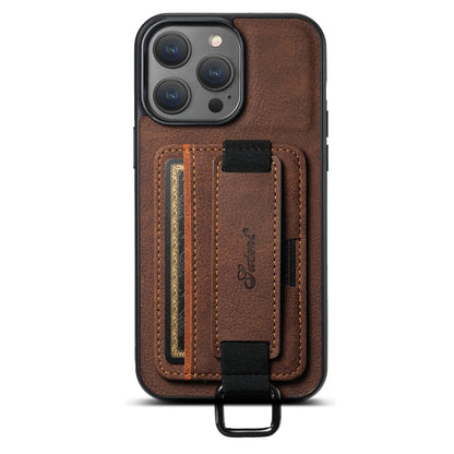 For iPhone 15 Pro Suteni H13 Litchi Leather Wrist Strap Wallet Back Phone Case(Brown) - iPhone 15 Pro Cases by Suteni | Online Shopping UK | buy2fix