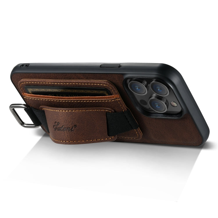 For iPhone 14 Suteni H13 Litchi Leather Wrist Strap Wallet Back Phone Case(Brown) - iPhone 14 Cases by Suteni | Online Shopping UK | buy2fix