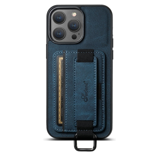 For iPhone 14 Suteni H13 Litchi Leather Wrist Strap Wallet Back Phone Case(Blue) - iPhone 14 Cases by Suteni | Online Shopping UK | buy2fix