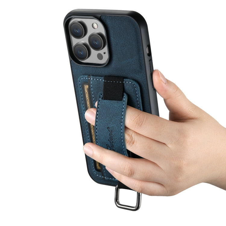 For iPhone 14 Suteni H13 Litchi Leather Wrist Strap Wallet Back Phone Case(Blue) - iPhone 14 Cases by Suteni | Online Shopping UK | buy2fix