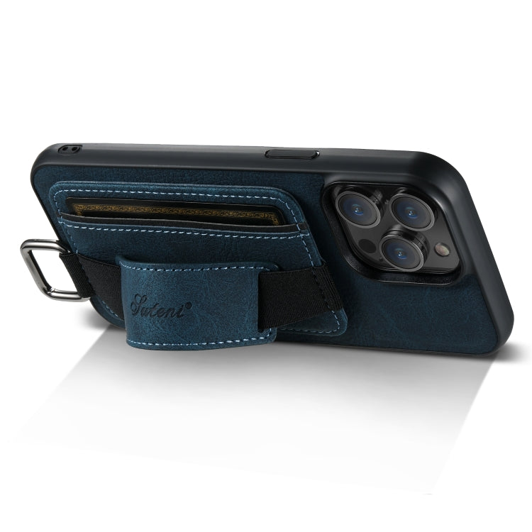 For iPhone 14 Suteni H13 Litchi Leather Wrist Strap Wallet Back Phone Case(Blue) - iPhone 14 Cases by Suteni | Online Shopping UK | buy2fix