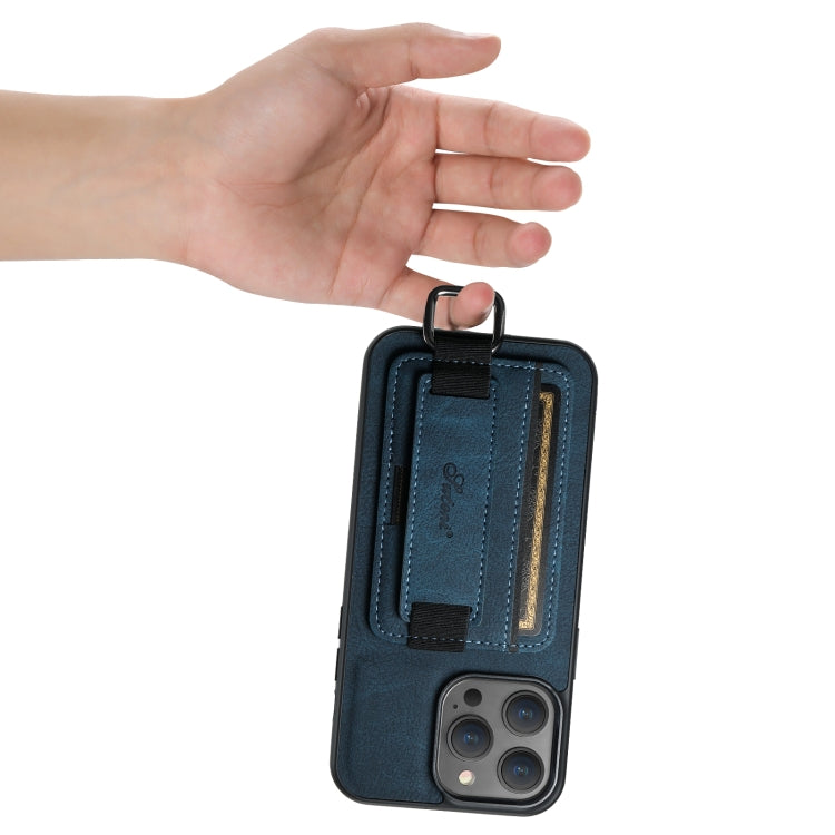 For iPhone 14 Suteni H13 Litchi Leather Wrist Strap Wallet Back Phone Case(Blue) - iPhone 14 Cases by Suteni | Online Shopping UK | buy2fix