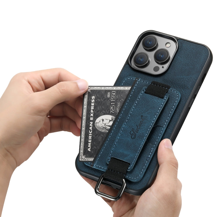For iPhone 14 Suteni H13 Litchi Leather Wrist Strap Wallet Back Phone Case(Blue) - iPhone 14 Cases by Suteni | Online Shopping UK | buy2fix