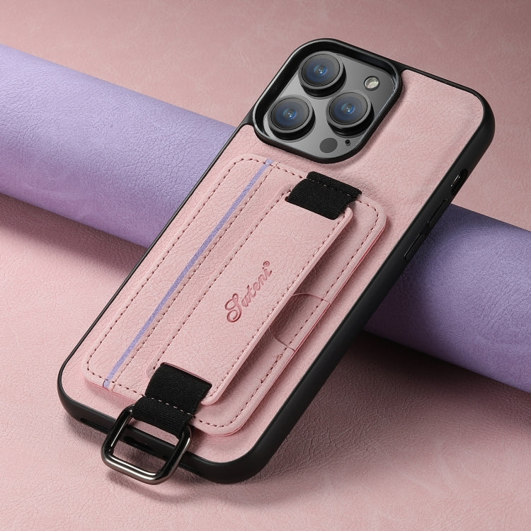 For iPhone 14 Suteni H13 Litchi Leather Wrist Strap Wallet Back Phone Case(Pink) - iPhone 14 Cases by Suteni | Online Shopping UK | buy2fix