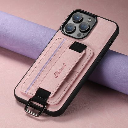 For iPhone 14 Suteni H13 Litchi Leather Wrist Strap Wallet Back Phone Case(Pink) - iPhone 14 Cases by Suteni | Online Shopping UK | buy2fix