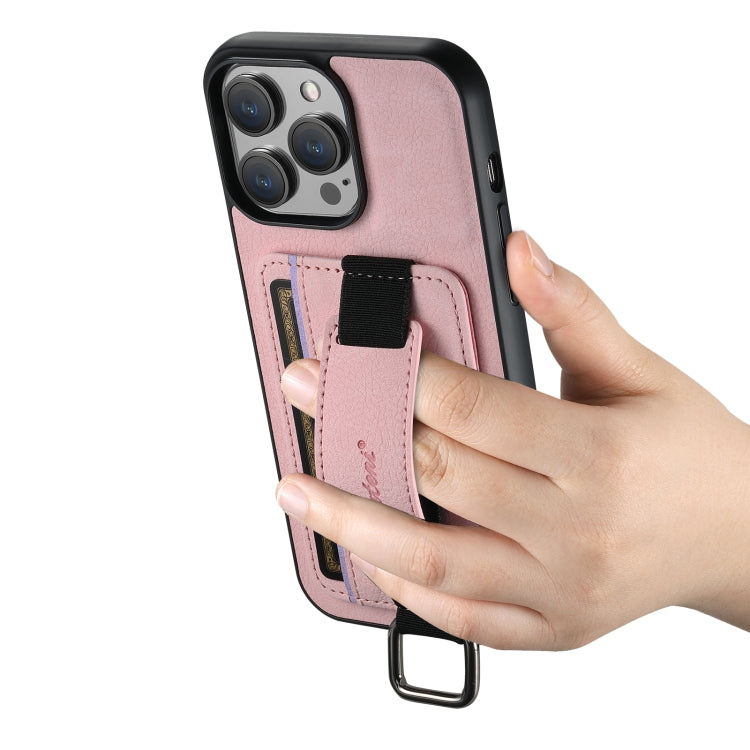 For iPhone 14 Suteni H13 Litchi Leather Wrist Strap Wallet Back Phone Case(Pink) - iPhone 14 Cases by Suteni | Online Shopping UK | buy2fix