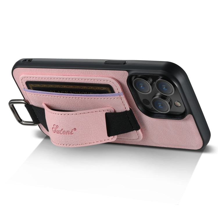 For iPhone 14 Suteni H13 Litchi Leather Wrist Strap Wallet Back Phone Case(Pink) - iPhone 14 Cases by Suteni | Online Shopping UK | buy2fix