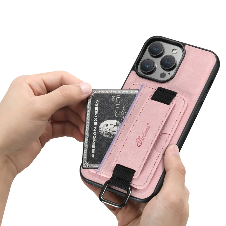 For iPhone 14 Suteni H13 Litchi Leather Wrist Strap Wallet Back Phone Case(Pink) - iPhone 14 Cases by Suteni | Online Shopping UK | buy2fix