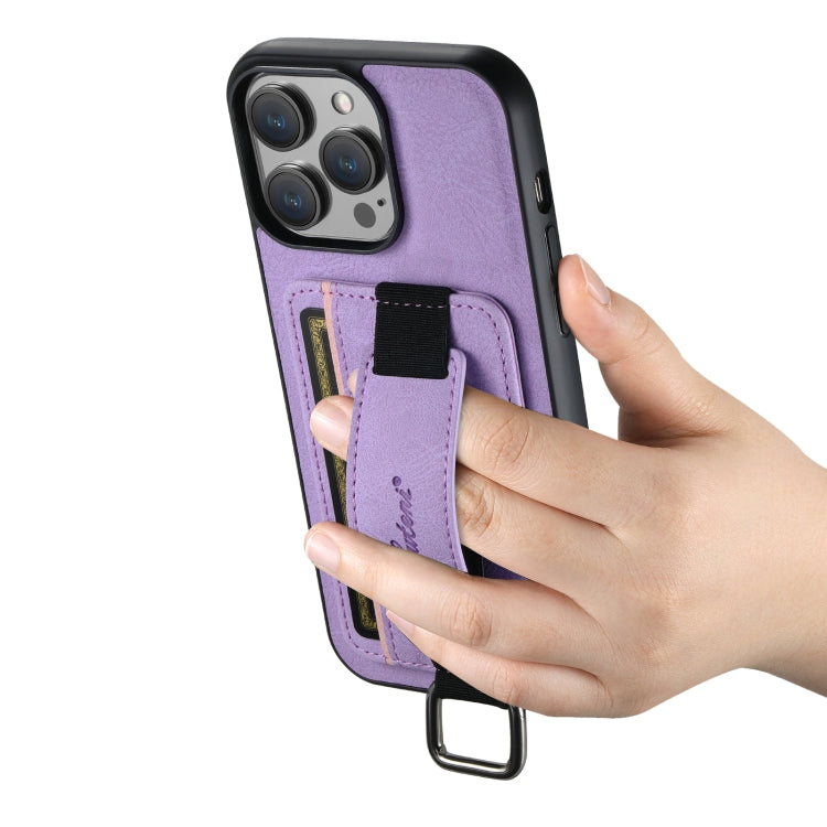 For iPhone 14 Suteni H13 Litchi Leather Wrist Strap Wallet Back Phone Case(Purple) - iPhone 14 Cases by Suteni | Online Shopping UK | buy2fix