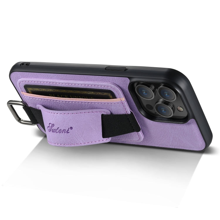 For iPhone 14 Suteni H13 Litchi Leather Wrist Strap Wallet Back Phone Case(Purple) - iPhone 14 Cases by Suteni | Online Shopping UK | buy2fix