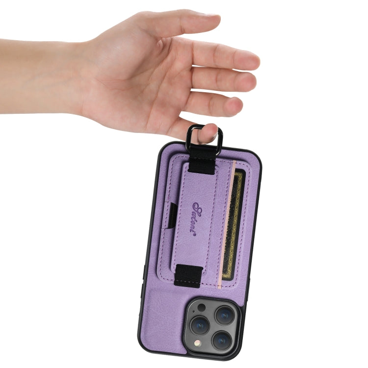 For iPhone 14 Suteni H13 Litchi Leather Wrist Strap Wallet Back Phone Case(Purple) - iPhone 14 Cases by Suteni | Online Shopping UK | buy2fix