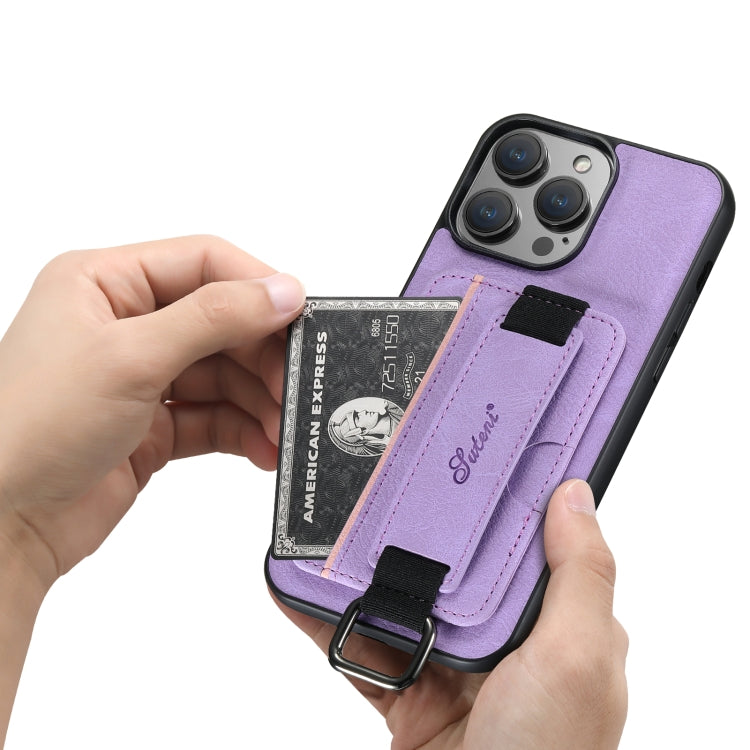 For iPhone 14 Suteni H13 Litchi Leather Wrist Strap Wallet Back Phone Case(Purple) - iPhone 14 Cases by Suteni | Online Shopping UK | buy2fix