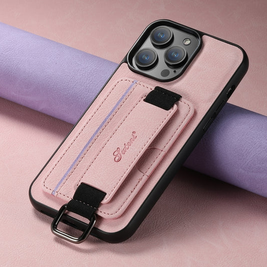 For iPhone 11 Pro Max Suteni H13 Litchi Leather Wrist Strap Wallet Back Phone Case(Pink) - iPhone 11 Pro Max Cases by Suteni | Online Shopping UK | buy2fix