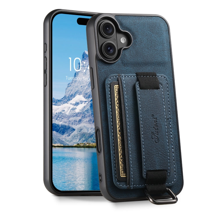 For iPhone 16 Suteni H13 Litchi Leather Wrist Strap Wallet Back Phone Case(Blue) - iPhone 16 Cases by Suteni | Online Shopping UK | buy2fix