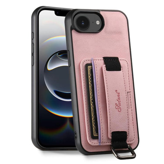 For iPhone 16e Suteni H13 Litchi Leather Wrist Strap Wallet Back Phone Case(Pink) - iPhone 16e Cases by Suteni | Online Shopping UK | buy2fix
