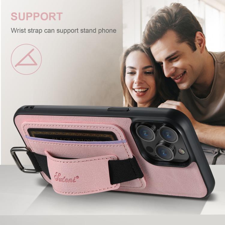 For iPhone 16e Suteni H13 Litchi Leather Wrist Strap Wallet Back Phone Case(Pink) - iPhone 16e Cases by Suteni | Online Shopping UK | buy2fix