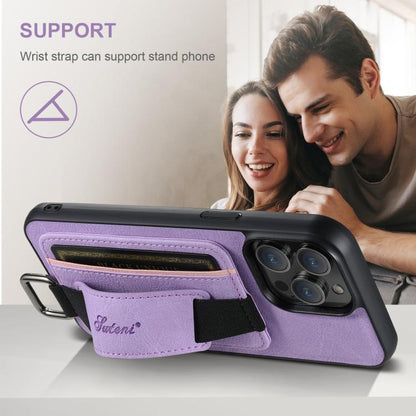 For iPhone 16e Suteni H13 Litchi Leather Wrist Strap Wallet Back Phone Case(Purple) - iPhone 16e Cases by Suteni | Online Shopping UK | buy2fix