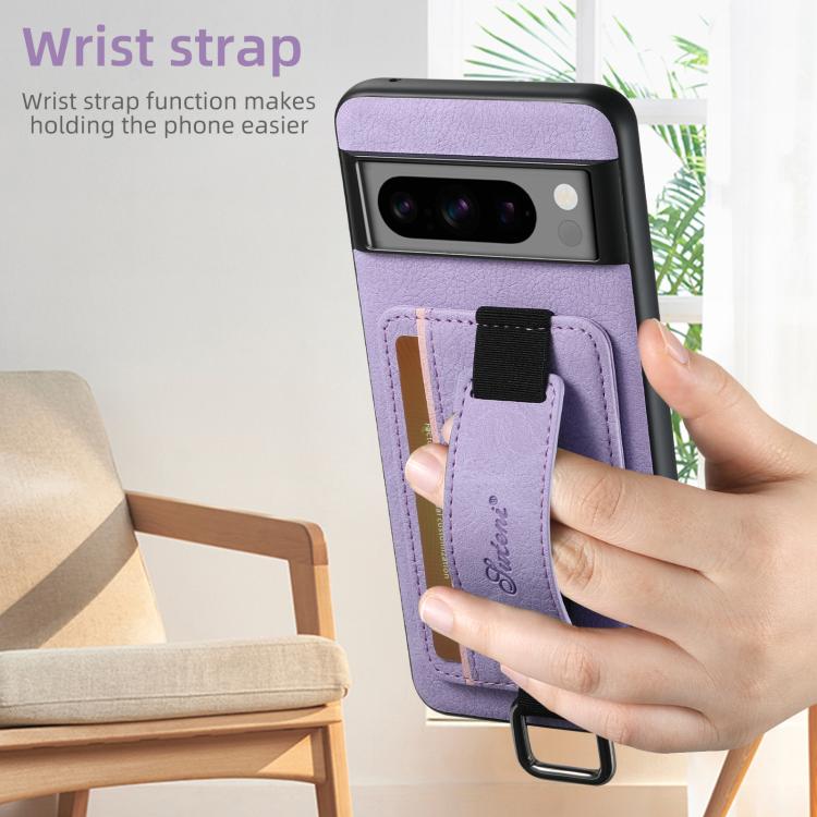 For Google Pixel 10 Pro Suteni H13 Litchi Leather Wrist Strap Wallet Back Phone Case(Purple) - Google Cases by Suteni | Online Shopping UK | buy2fix