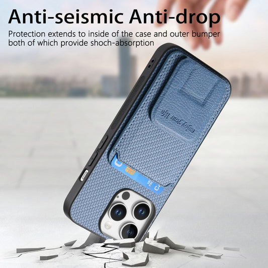 For iPhone 16 Pro Carbon Fiber Card Bag Fold Stand Phone Case(Blue) by buy2fix