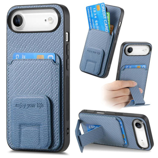 For iPhone Air Carbon Fiber Card Bag Fold Stand Phone Case(Blue) - iPhone Air Cases by buy2fix | Online Shopping UK | buy2fix