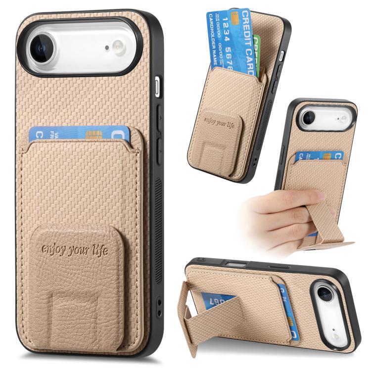 For iPhone Air Carbon Fiber Card Bag Fold Stand Phone Case(Khaki) - iPhone Air Cases by buy2fix | Online Shopping UK | buy2fix